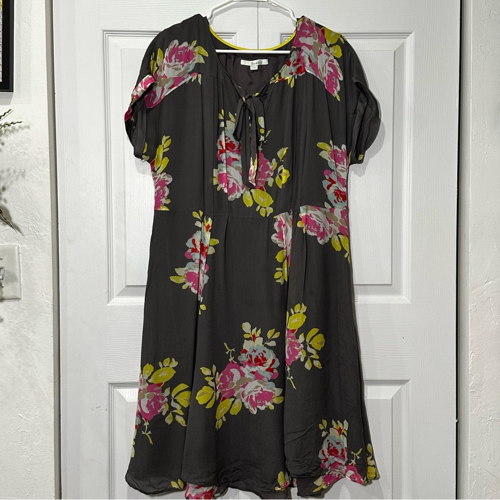 Boden Black Floral Mini Dress with Pink and Yellow Blooms